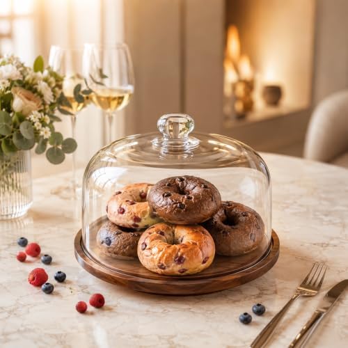 Acacia Wood Cake Stand with Glass Dome,11" Rotating Cake Stand for Desserts in Brown, alternate view 2