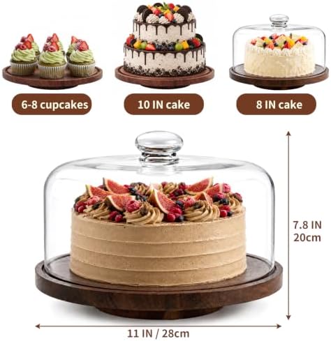 Acacia Wood Cake Stand with Glass Dome,11" Rotating Cake Stand for Desserts in Brown, alternate view 3