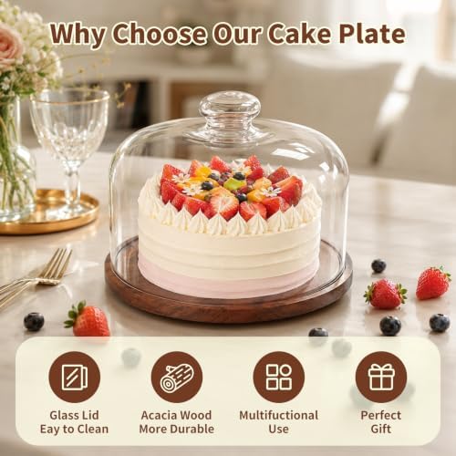 Acacia Wood Cake Stand with Glass Dome,11" Rotating Cake Stand for Desserts in Brown, alternate view 5