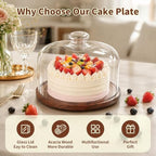 Acacia Wood Cake Stand with Glass Dome,11" Rotating Cake Stand for Desserts in Brown, alternate view 5