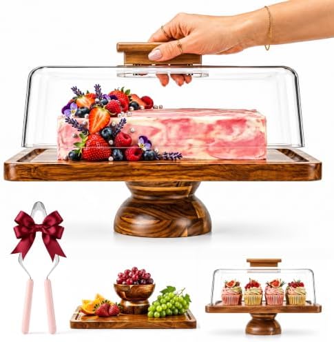 Acacia Wood Cake Stand with Glass Lid, 2- in-1 Rectangular Charcuterie Board and Dessert Display Set in Wooden