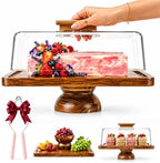 Acacia Wood Cake Stand with Glass Lid, 2- in-1 Rectangular Charcuterie Board and Dessert Display Set in Wooden