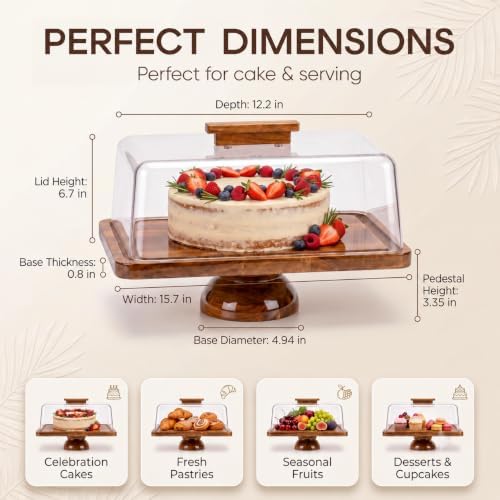 Acacia Wood Cake Stand with Glass Lid, 2- in-1 Rectangular Charcuterie Board and Dessert Display Set in Wooden, alternate