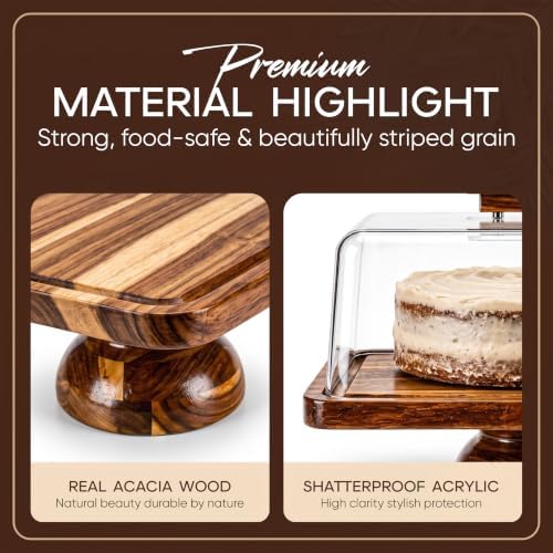 Acacia Wood Cake Stand with Glass Lid, 2- in-1 Rectangular Charcuterie Board and Dessert Display Set in Wooden, alternate