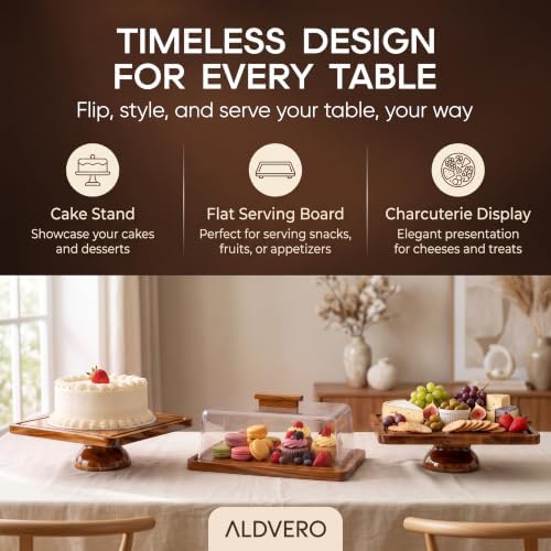 Acacia Wood Cake Stand with Glass Lid, 2- in-1 Rectangular Charcuterie Board and Dessert Display Set in Wooden, alternate