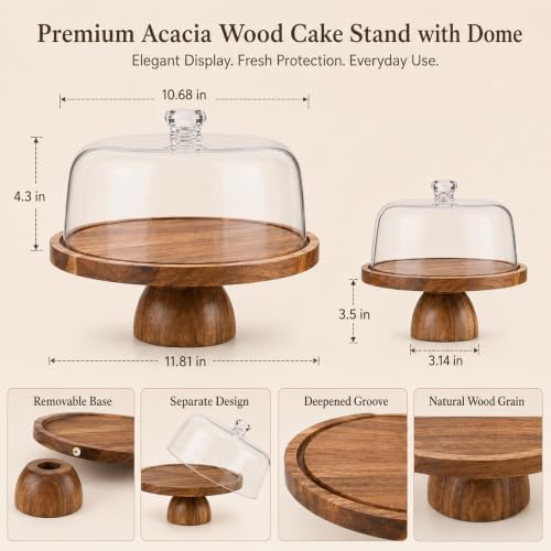 Acacia Wood Cake Stand with Lid, 12in Round Cake Holder, Multifunctional Dessert Table Display Set with, alternate view 2
