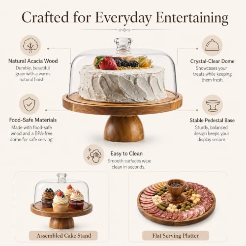 Acacia Wood Cake Stand with Lid, 12in Round Cake Holder, Multifunctional Dessert Table Display Set with, alternate view 3
