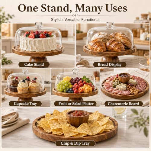 Acacia Wood Cake Stand with Lid, 12in Round Cake Holder, Multifunctional Dessert Table Display Set with, alternate view 4