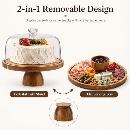 Acacia Wood Cake Stand with Lid, 12in Round Cake Holder, Multifunctional Dessert Table Display Set with, alternate view 5