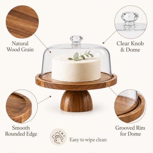Acacia Wood Cake Stand with Lid, 12in Round Cake Holder, Multifunctional Dessert Table Display Set with, alternate view 6