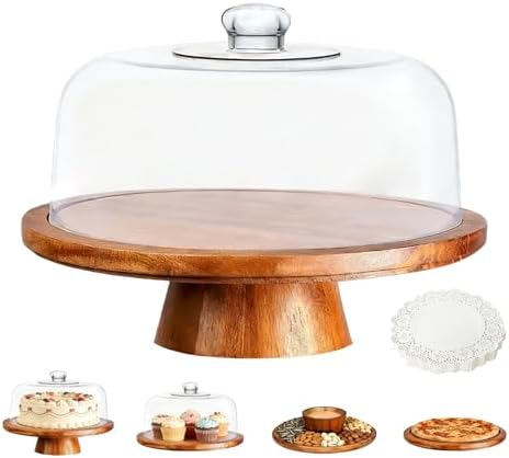 Acacia Wood Cake Stand with Lid,12in Round Dessert Table Display Set, Multi-Functional Cake Display Stand with