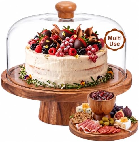 Acacia Wood Cake Stand with Lid, 12in Shockproof Acrylic Dome Display Stand in Wood