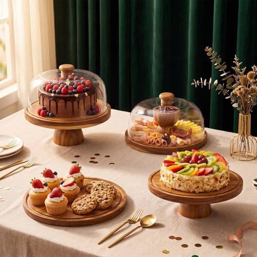 Acacia Wood Cake Stand with Lid, 12in Shockproof Acrylic Dome Display Stand in Wood, alternate view 6