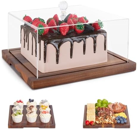 Acacia Wood Cake Stand with Lid,2-in-1 Cake Holder with Dome, Square dome in bronze