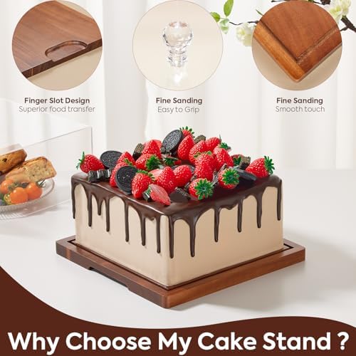 Acacia Wood Cake Stand with Lid,2-in-1 Cake Holder with Dome, Square dome in bronze, alternate view 4