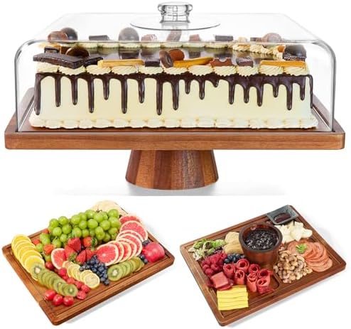 Acacia Wood Cake Stand with Lid,2-in-1 Large Rectangular Cake Stand,16*12" in Brown