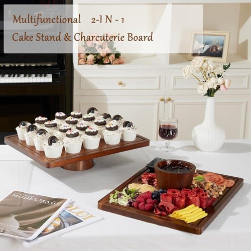 Acacia Wood Cake Stand with Lid,2-in-1 Large Rectangular Cake Stand,16*12" in Brown, alternate view 2