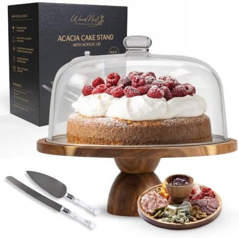 Acacia Wood Cake Stand with Lid, 2-in-1 Reversible Cake Stand in Wood