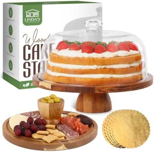 Acacia Wood Cake Stand with Lid (Acrylic) 12 Inch Round Cake Holder Stand with 5 Bonus Cake Sheets, 2-in-1