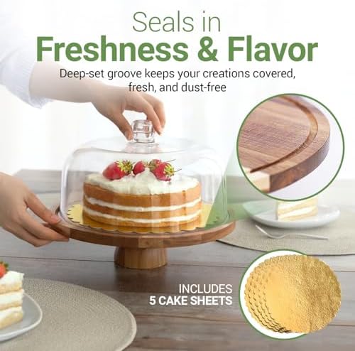 Acacia Wood Cake Stand with Lid (Acrylic) 12 Inch Round Cake Holder Stand with 5 Bonus Cake Sheets, 2-in-1, alternate view 6