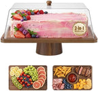 Acacia Wood Cake Stand with Shatterproof Lid, 14" 2-in-1 Rectangle Dessert Table Display Set & Charcuterie