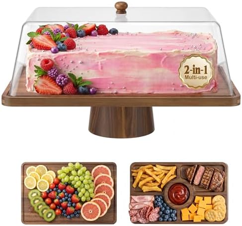 Acacia Wood Cake Stand with Shatterproof Lid, 14" 2-in-1 Rectangle Dessert Table Display Set & Charcuterie