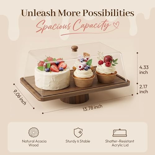 Acacia Wood Cake Stand with Shatterproof Lid, 14" 2-in-1 Rectangle Dessert Table Display Set & Charcuterie, alternate view 2