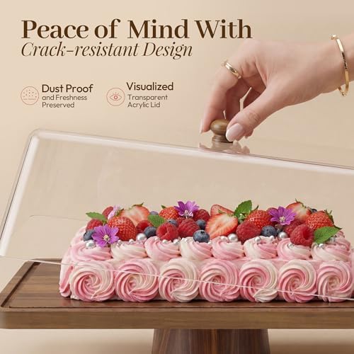 Acacia Wood Cake Stand with Shatterproof Lid, 14" 2-in-1 Rectangle Dessert Table Display Set & Charcuterie, alternate view 5