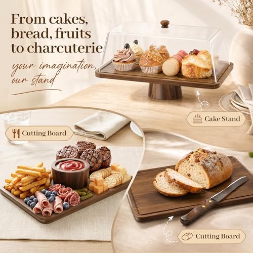 Acacia Wood Cake Stand with Shatterproof Lid, 14" 2-in-1 Rectangle Dessert Table Display Set & Charcuterie, alternate view 6