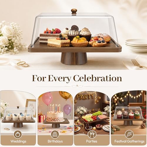 Acacia Wood Cake Stand with Shatterproof Lid, 14" 2-in-1 Rectangle Dessert Table Display Set & Charcuterie, alternate view 7