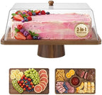 Acacia Wood Cake Stand with Shatterproof Lid, 16" 2-in-1 Rectangle Dessert Table Display Set & Charcuterie