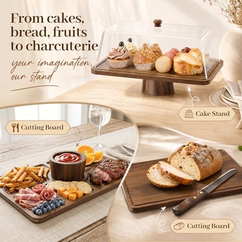 Acacia Wood Cake Stand with Shatterproof Lid, 16" 2-in-1 Rectangle Dessert Table Display Set & Charcuterie, alternate view 6