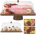 Acacia Wood Cake Stand with Shatterproof Lid, 2 Pack 2-in-1 Rectangle Dessert Table Display Set & Charcuterie