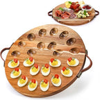 Acacia Wood Deviled Egg Platter with Handles for Easter, 24 Holes Round Deviled Egg Tray Container, Reversible