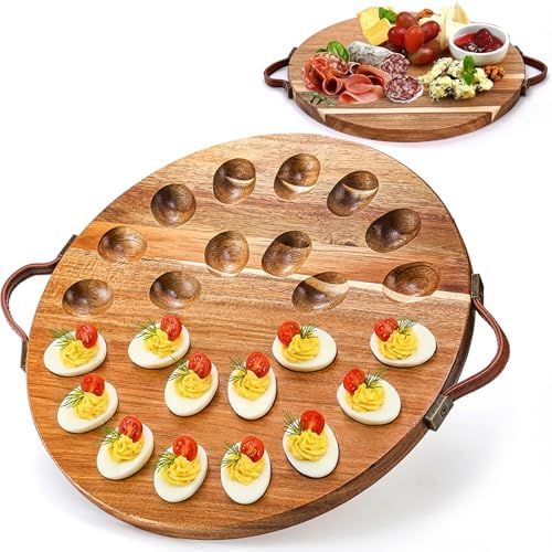 Acacia Wood Deviled Egg Platter with Handles for Easter, 24 Holes Round Deviled Egg Tray Container, Reversible