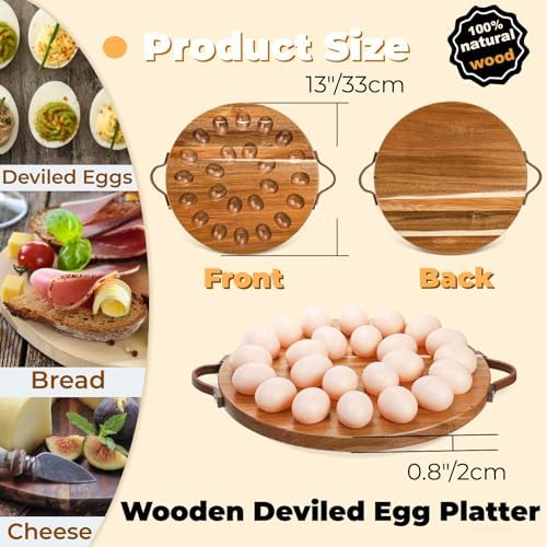 Acacia Wood Deviled Egg Platter with Handles for Easter, 24 Holes Round Deviled Egg Tray Container, Reversible, alternate