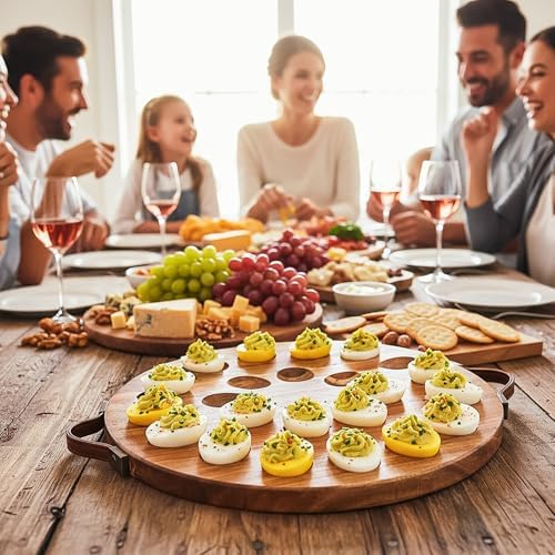 Acacia Wood Deviled Egg Platter with Handles for Easter, 24 Holes Round Deviled Egg Tray Container, Reversible, alternate