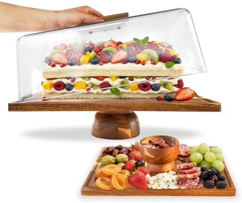 Acacia-Wood-Rectangular-Cake-Stand With Acrylic Lid, 2-in-1 Cake Plates Charcuterie Board With Cover, Cake