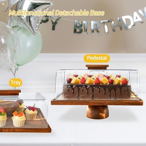 Acacia-Wood-Rectangular-Cake-Stand With Acrylic Lid, 2-in-1 Cake Plates Charcuterie Board With Cover, Cake, alternate view 5