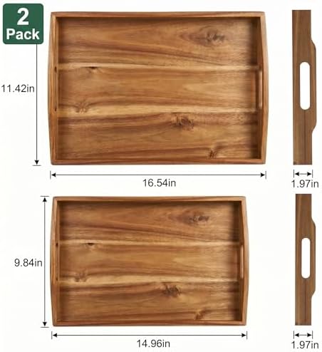 Acacia Wood Serving Tray Set of 2 with Handles for Ottoman Coffee Table, alternate view 3