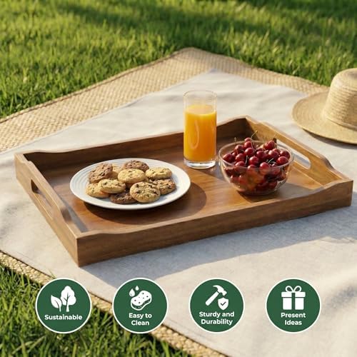 Acacia Wood Serving Tray Set of 2 with Handles for Ottoman Coffee Table, alternate view 5