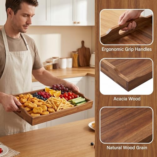 Acacia Wood Serving Tray Set of 2 with Handles for Ottoman Coffee Table, alternate view 6