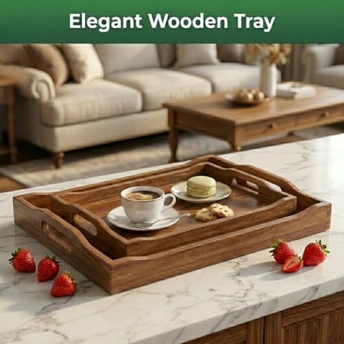 Acacia Wood Serving Tray Set of 2 with Handles for Ottoman Coffee Table, alternate view 7