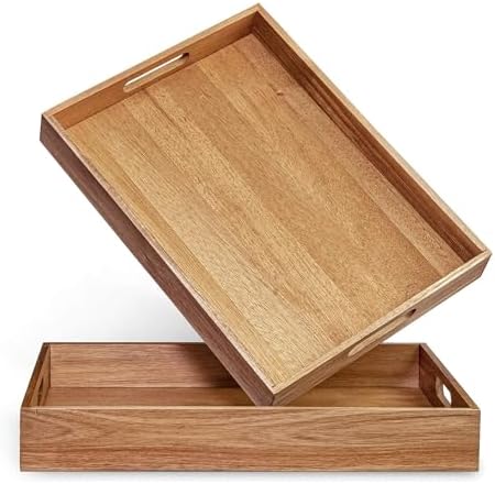 Acacia Wood Serving Tray with Handles Set of 2 - Decorative Serving Trays Platter for Breakfast in Bed, Lunch