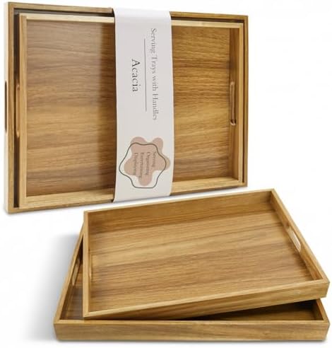 Acacia Wood Serving Tray with Handles, Set of 2 Rustic Decor Platters in Acacia