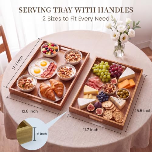 Acacia Wood Serving Tray with Handles, Set of 2 Rustic Decor Platters in Acacia, alternate view 2