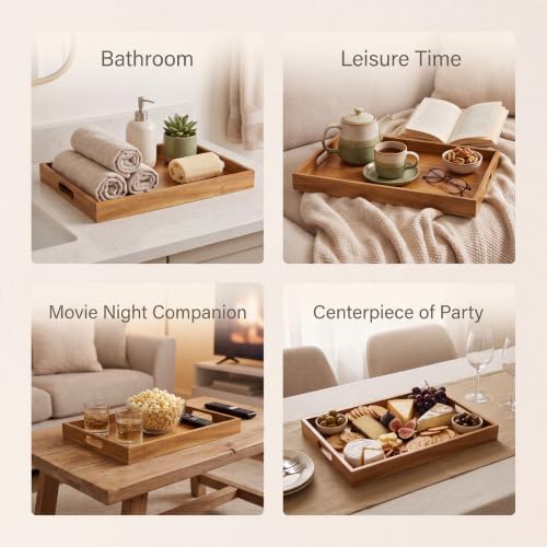 Acacia Wood Serving Tray with Handles, Set of 2 Rustic Decor Platters in Acacia, alternate view 3