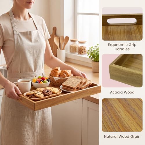 Acacia Wood Serving Tray with Handles, Set of 2 Rustic Decor Platters in Acacia, alternate view 4