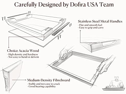 Acacia Wood Serving Tray with Metal Handle, 17x13in Tray for Ottoman, alternate view 5