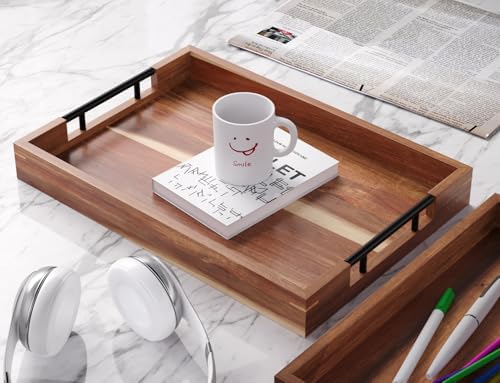 Acacia Wood Serving Tray with Metal Handles,17x12in Ottoman Decorative Trays Platter for Coffee Table, Living, alternate view